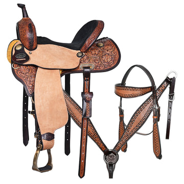 COMFYTACK Western Horse Barrel Racing American Leather Saddle Floral Carved & Tack Set Dark Brown